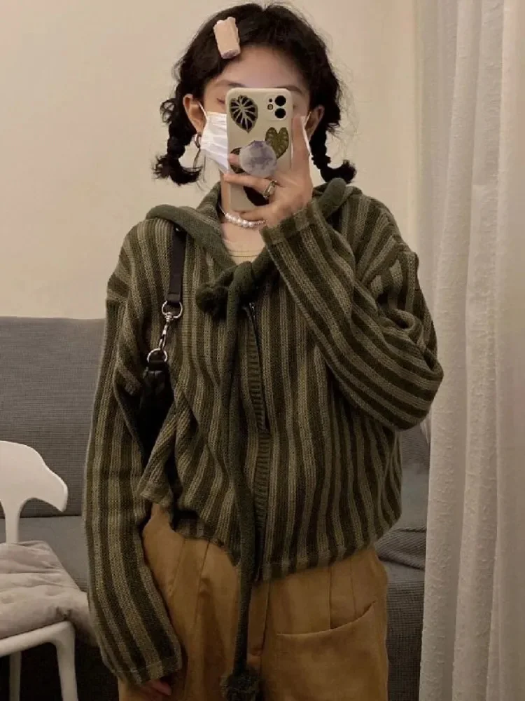 

90s Vintage Green Hooded Knitted Cardigan Women Harajuku Kpop Zip Up Cropped Sweater Fairy Grunge Loose Y2K Tops Korean