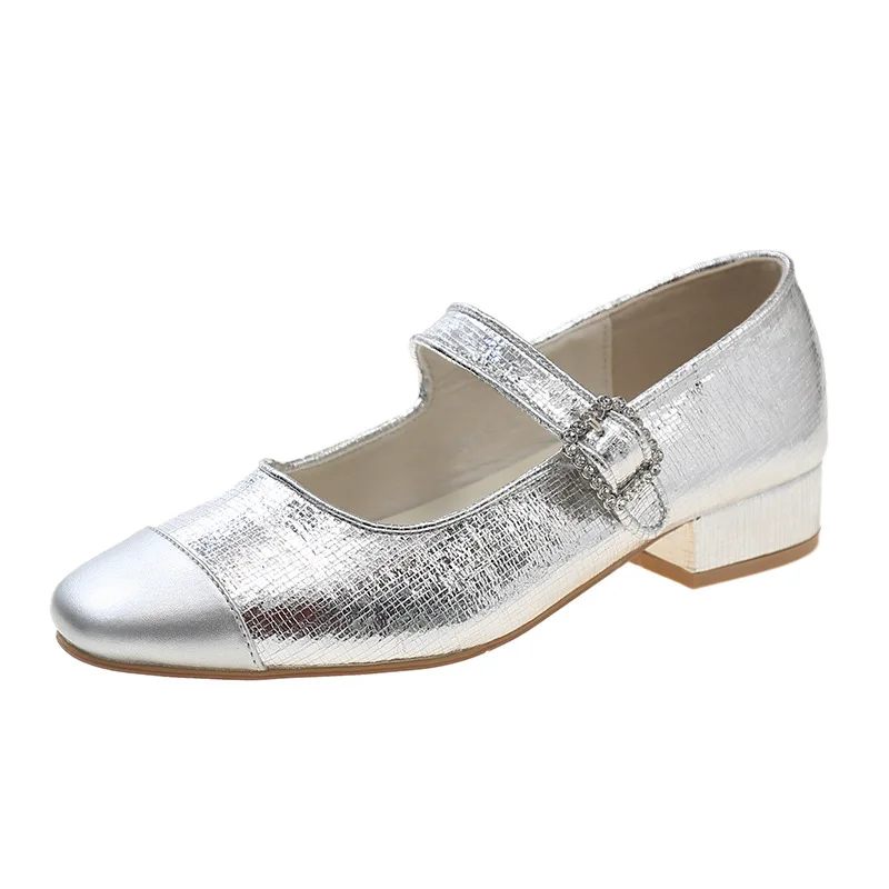 Square Toe Thick Heels Silver Single Shoes Women's Shallow Mouth  Summer New Small Fragrant Style One Button Women's Shoes