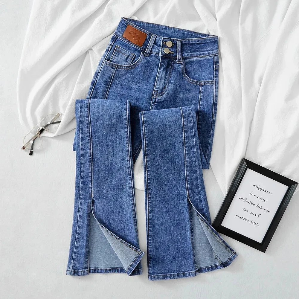 

High waisted Stretch Flared Jeans Women's Street Clothing 2023 Spring/Summer New Ladies Slim Split Pants Female Casual Trousers