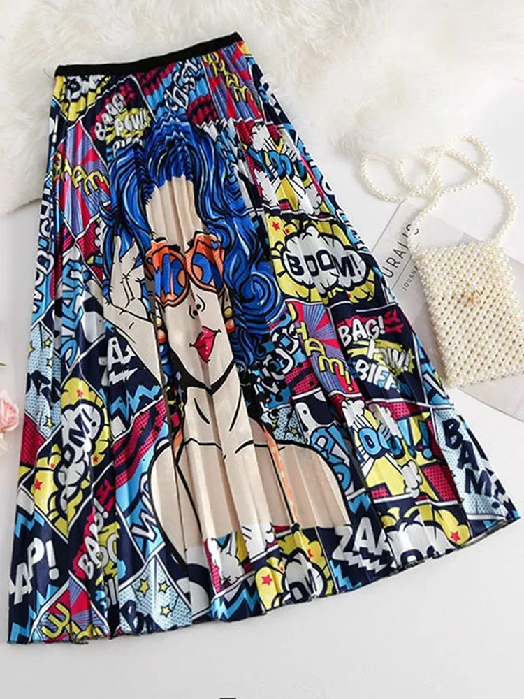 Empire Summer Skirts Womens Cartoon Printing Patchwork Elastic