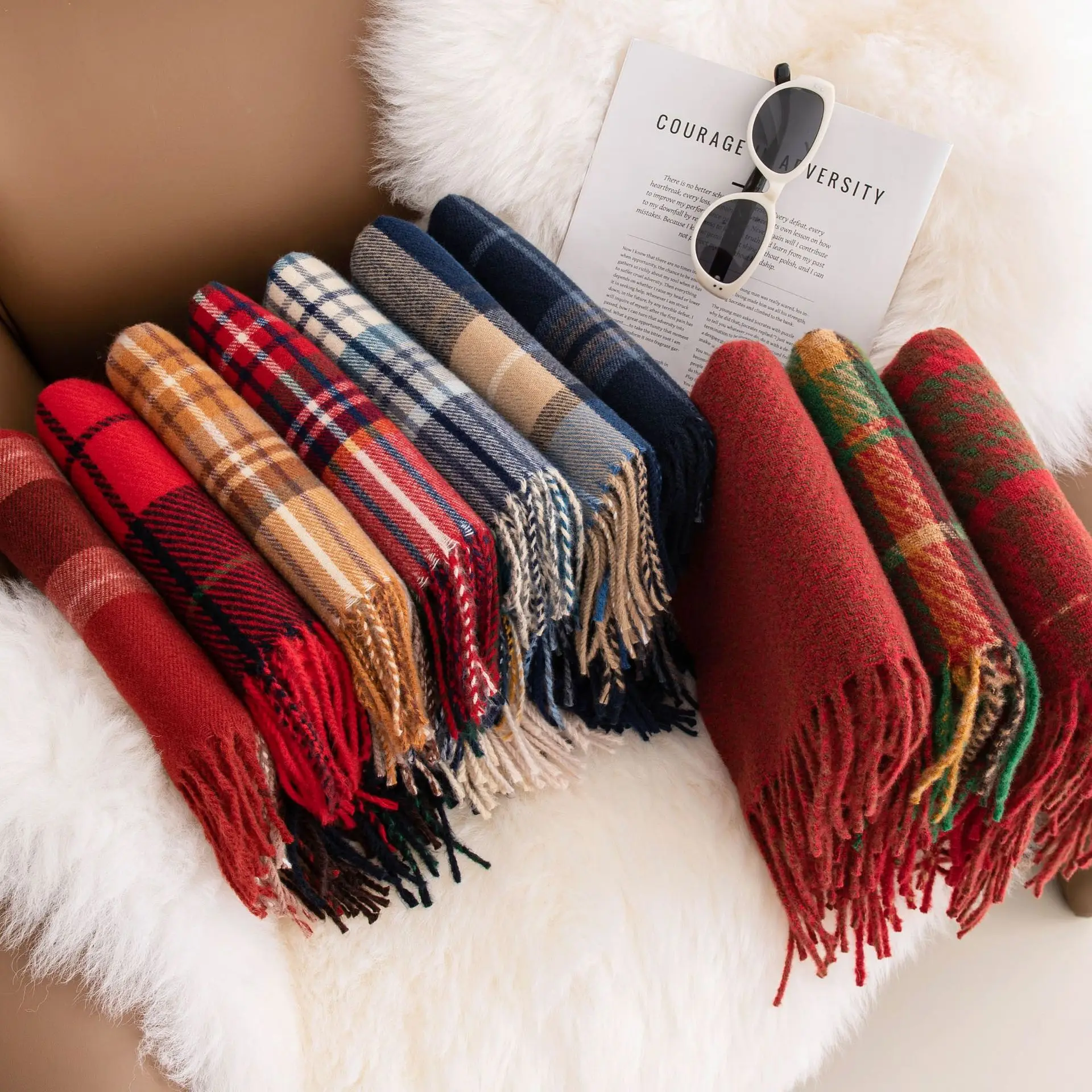New Christmas Plaid Scarf Women Warm Imitation Cashmere Tassel Women's Scarves Fashion Commuter Shawl Merry Christmas Gifts