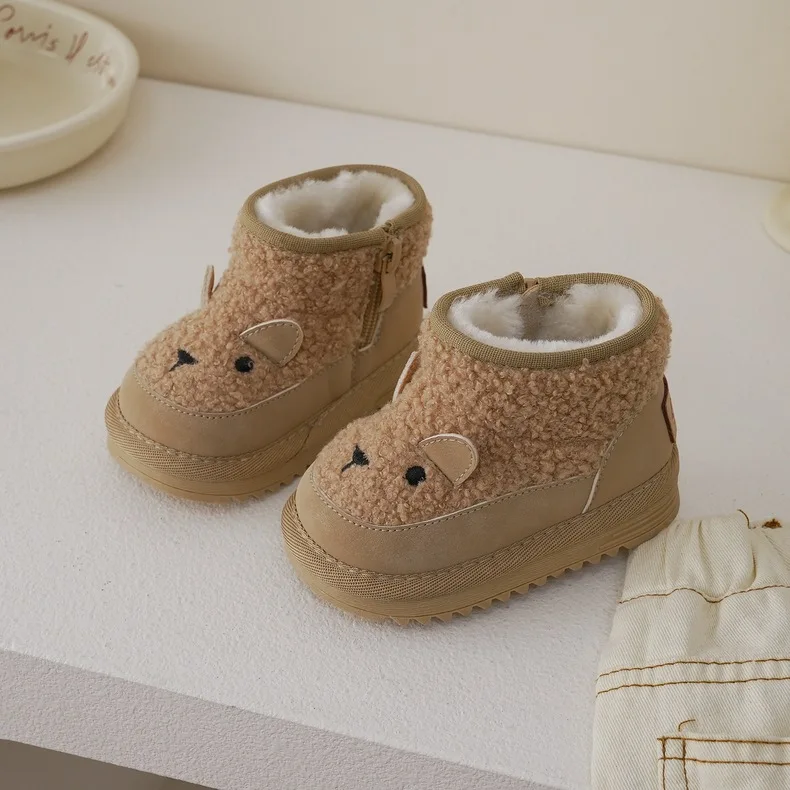 Baby Snow Boots Cute Animals Autumn and Winter Baby Boys and Girls Thick Fur Warm Lamb Wool Matching Leather Children's Shoes