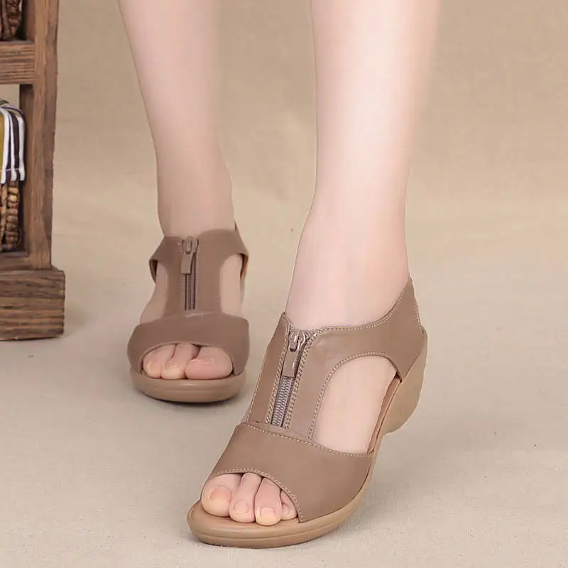 

2023 Summer Shoes for Women Wedge Sandals Plus Size Zipper Casual Sandals Ladies Flat Roman Closed Toe Sandals Sandalias Mujer