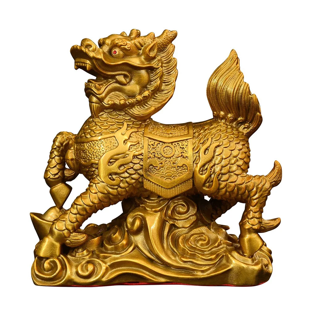 Brass Kylin Statue, Wealth & Fire Kylin with Gold Ingot, Chinese Mythological Beast Ornament, Feng Shui Decor Gift (A Pair)