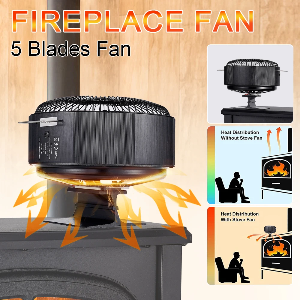 Stove Fan Heat Powered Round Log Wood Fireplace Fan Burner 5 Blades Quiet Free-standing Home Warmer Efficient Heat Distribution