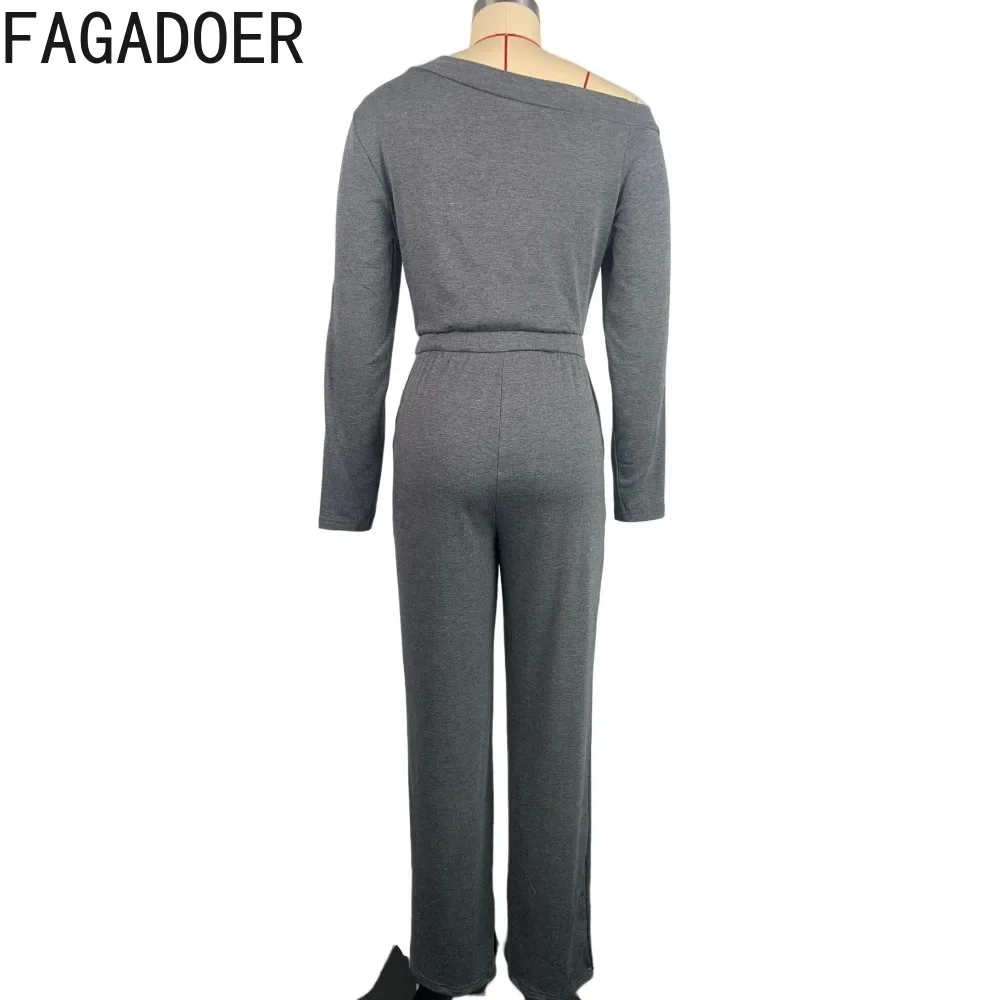 FAGADOER Autumn Casual One Shoulder Long Sleeve Slim Jumpsuits Women Solid Color Drawstring Pocket Playsuits Female Home Overall