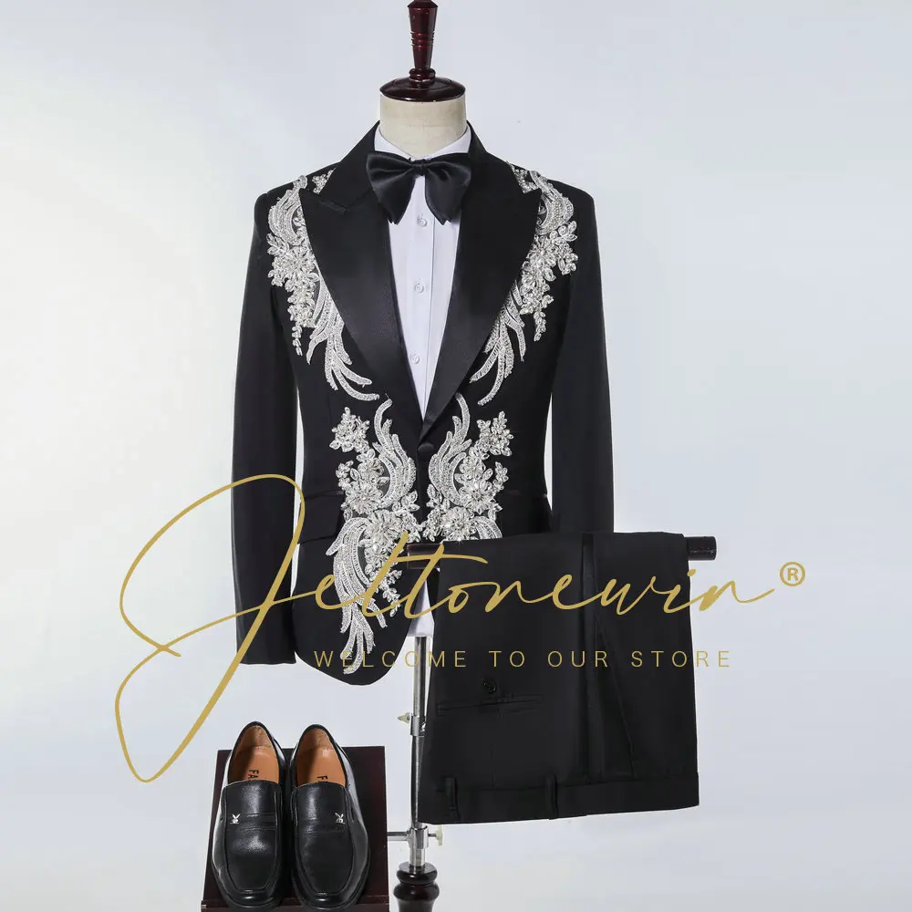 JELTONEWIN Black Suits For Men With Beading Crystal Fashion Smoking Homme 2022 Original Photo Luxury Wedding Suits Blazer Sets