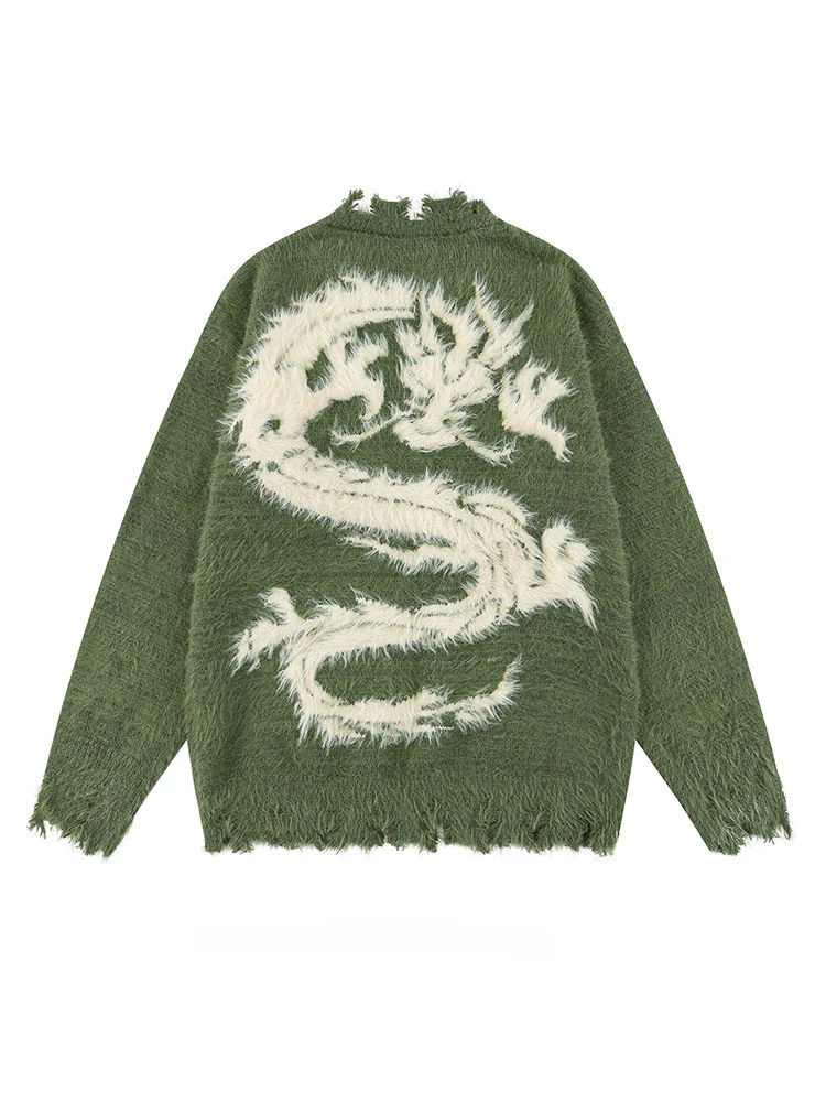 

Autumn Winter Dragon Jacquard Raw Edge Knitted Sweater Men and Women Trendy Brand O-neck Long-sleeved Casual Loose Pullover Tops