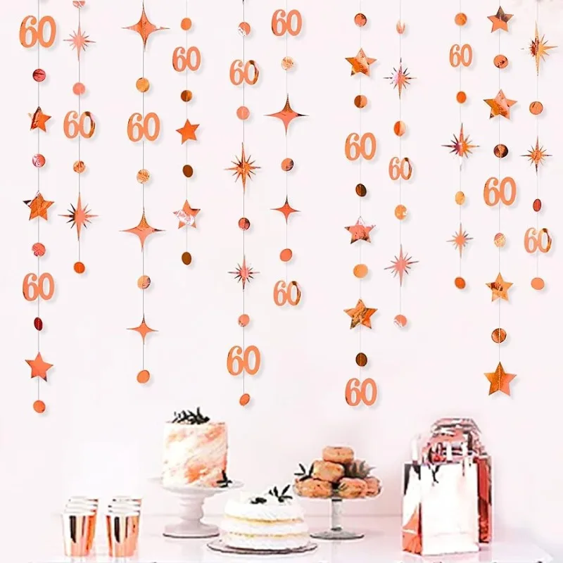 

Rose Gold 60th Birthday Decorations Number 60 Circle Dot Twinkle Star Garland Hanging Streamer 60th Anniversary Party Supplies