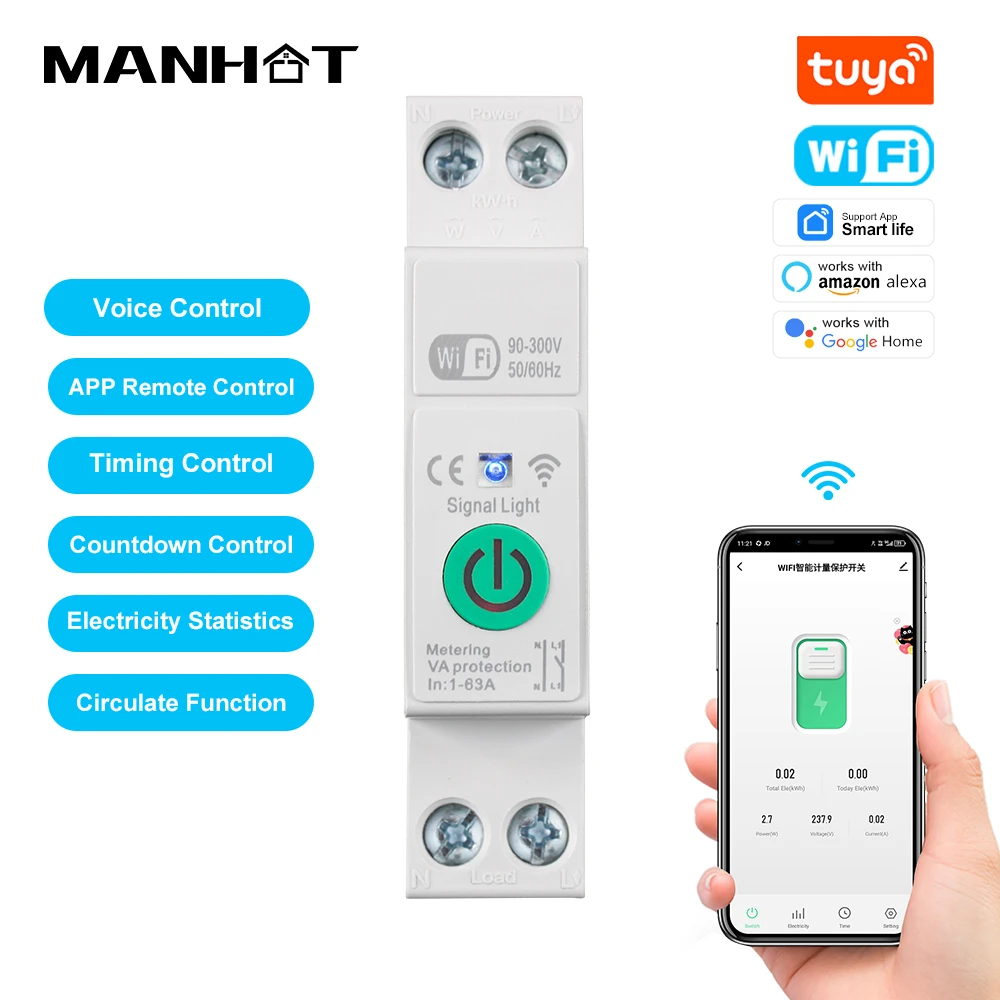Tuya สมาร์ท WiFi Circuit Breaker Switch 1-63A 1P Energy Meter Kwh วัดการตรวจสอบรีเลย์ตั้งเวลาสนับสนุน Alexa Google Home Alice 1