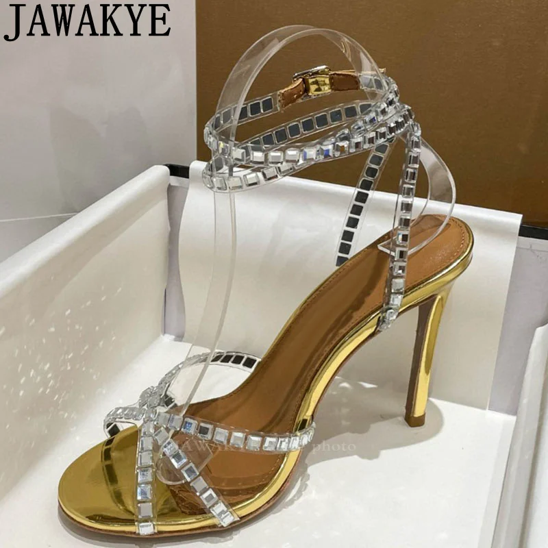 

Luxury Sexy Crystal Thin High Heel Sandals Women Ankle Buckle Stiletto Pumps female Summer Brand Bride Dress Party Shoes Woman