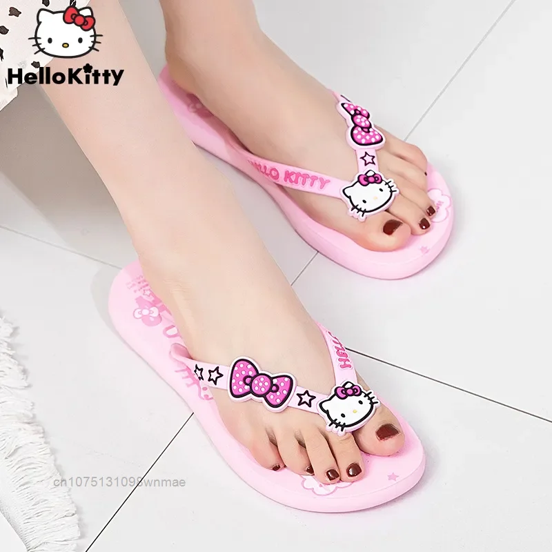 

Женские пляжные шлепанцы Sanrio, розовые сандалии с мультяшным принтом Hello Kitty, плоская подошва, летняя повседневная домашняя обувь