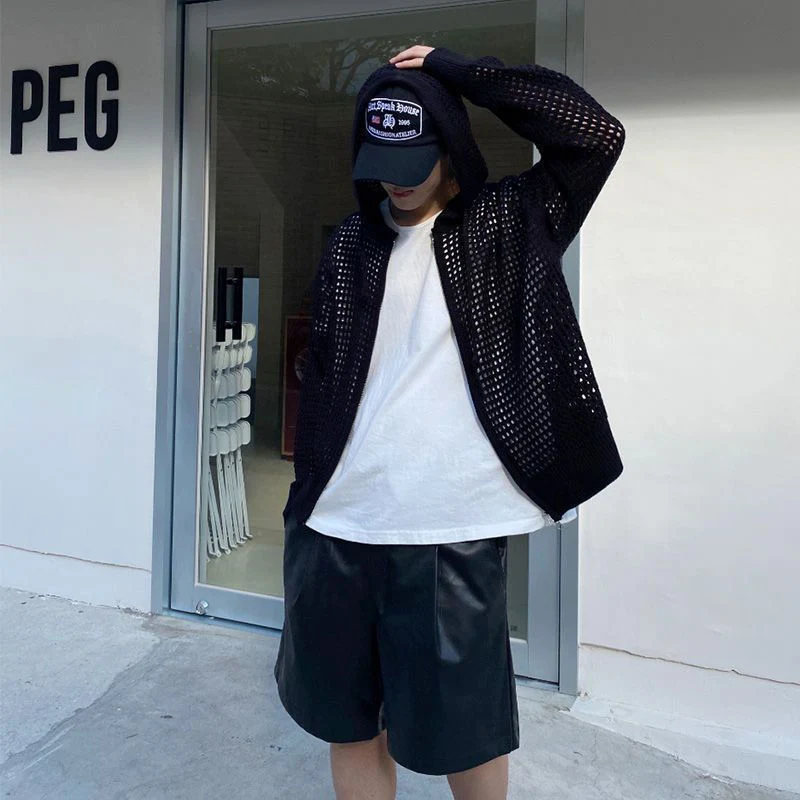Summer Korean Vintage Zipper Long Sleeve Men Hooded Knitted Pullovers Fashion Harajuku Casual Oversized Coat Couple Clothing Top