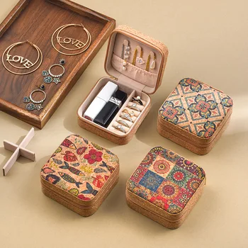 Vintage Cork Jewelry Organizer Box Bohemia Portable Earrings Storage Box Flowers Retro Necklace Storage Case Display Travel