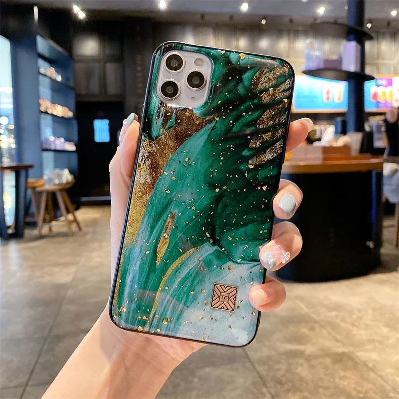 Luxurious Marble Silicone Epoxy Glitter Phone Case with Gold Foil Feather Design