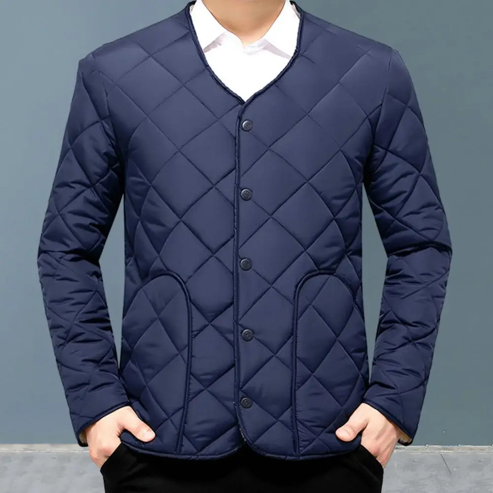 

Men Winter Down Padded Jacket Long Sleeve Pockets Single Breasted Fleece Lining Male Casual Outerwear Snow Waistcoat