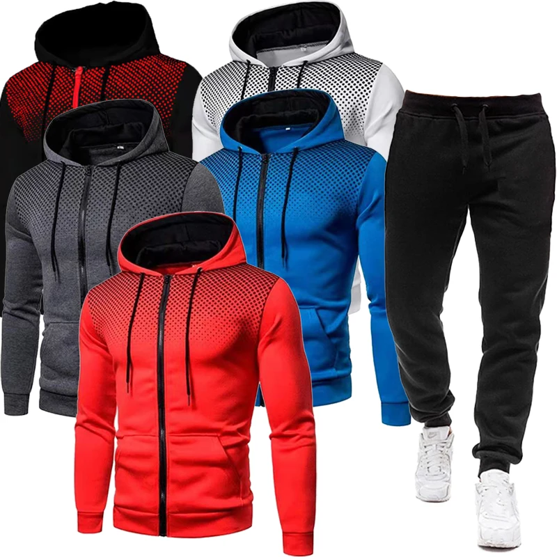 Fashion Men Hoodie Coat Sweatshirt Set Autumn Winter Spring Gradient Wool Zipper Solid Jacket Set