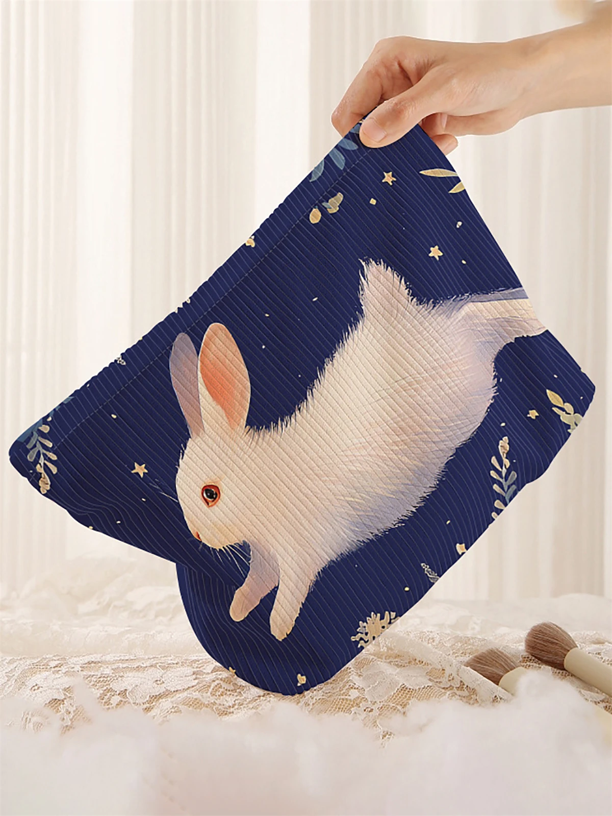 1 rabbit patterned corduroy makeup bag, lightweight zipper makeup storage box, multifunctional bag with lining