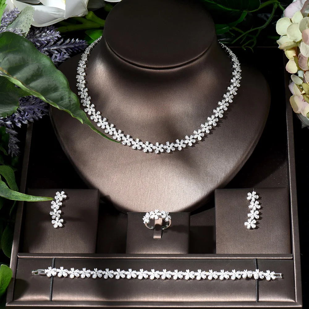 

Fashion Sweet Romantic Flower Shape 4pcs Necklace Earring Set Cubic Zirconia Jewelry Set for Women Bridal Nigeria Wedding N-1266