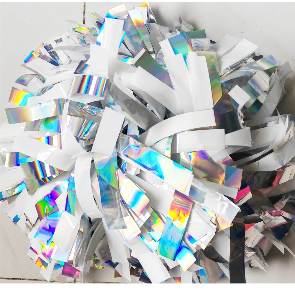 Professional Cheerleader pom pom,lazer silver with holographic silver,color and size.