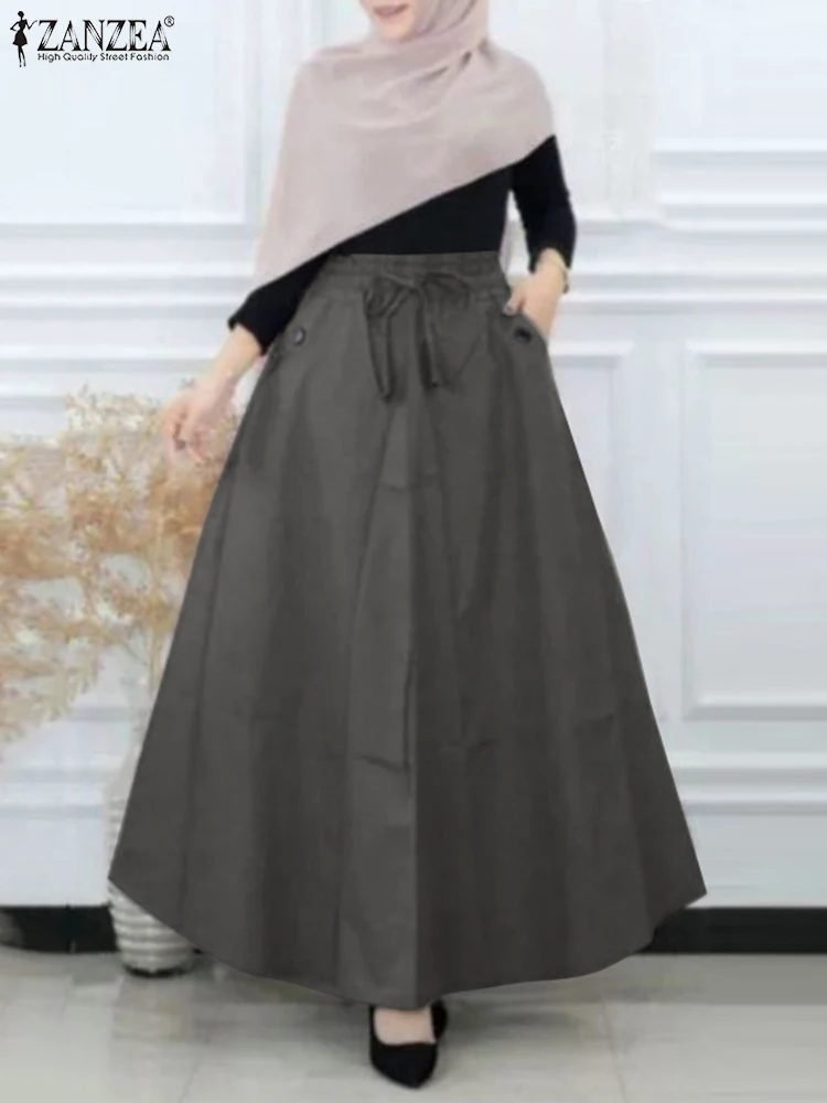 

ZANZEA Woman Vintage Drawstring Waist Skirts Fashion Solid Maxi Robe Summer Casual Party Sundress Elegant Button Overskirts 2024