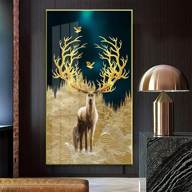 

Modern Gold Deer Tree and Bird Poster Canvas Paintings Golden Night Wall Art Print Pictures for Living Room Home Decor Frameless
