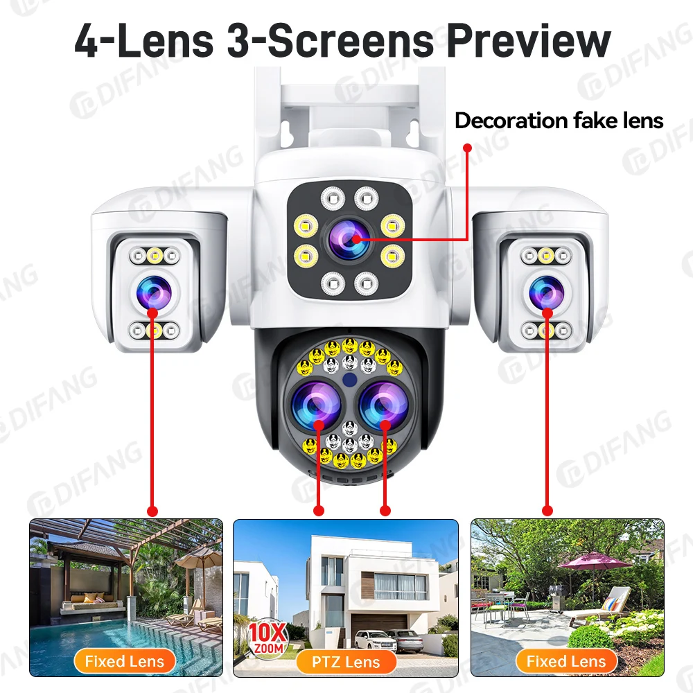 16MP 8K UHD 4-Lens WiFi Camera! 10x Zoom & Triple-Screen, 360° AI Human Tracking, Yoosee App, Outdoor Security 2