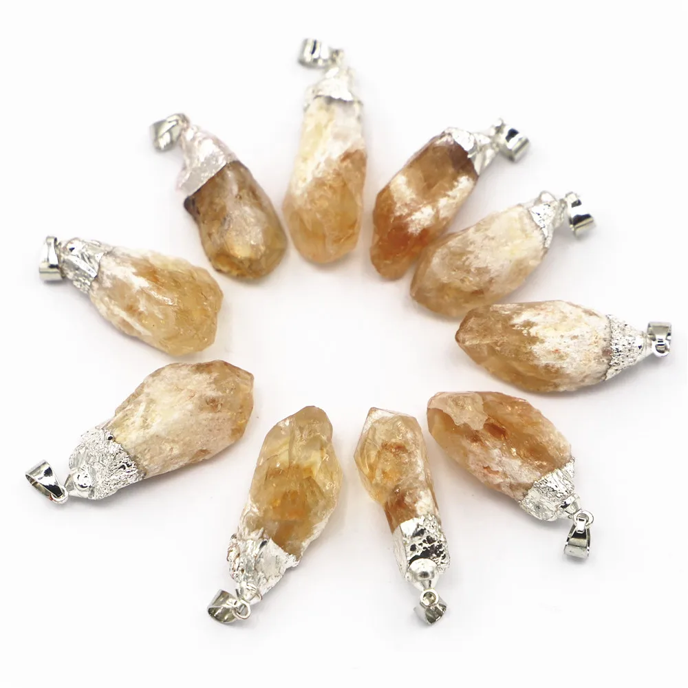 

New Natural Stone Irregular Yellow Crystal Citrine Pendants Charms Silver Plated for Fashion Women Jewelry Necklace Making 12pcs