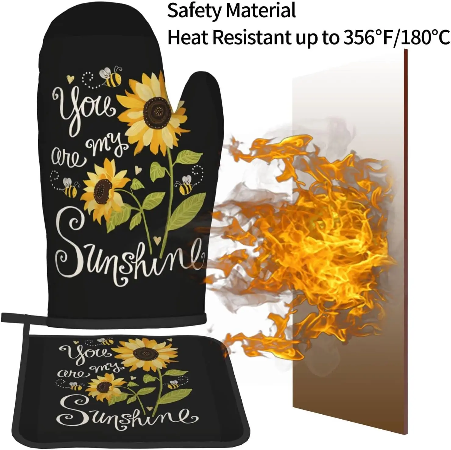 You are My Sunshine Sunflower Oven Mitts and Pot Holders Sets of 2 Heat Resistant Kitchen Microwave Gloves Non-Slip Pot Pads