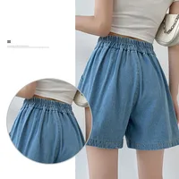 DFRCAEG 2024 Summer Plus Size Denim Shorts For Women High Elastic Waist Blue Or Sky Blue Pleated Mini Large Size Short Femme - Image 5