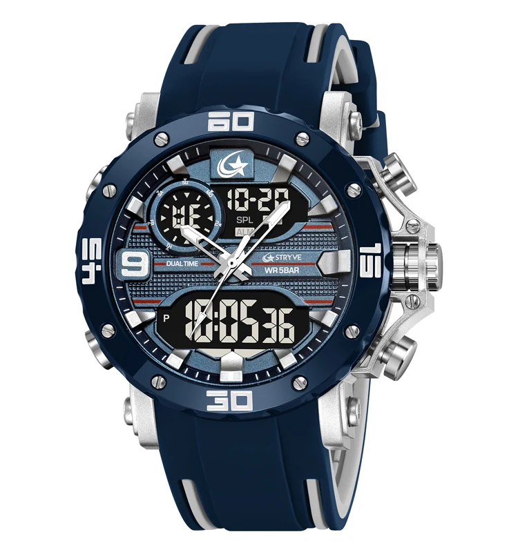 STRYVE Men's Military-Style Waterproof Quartz Watch with LED Dual Display and Alarm