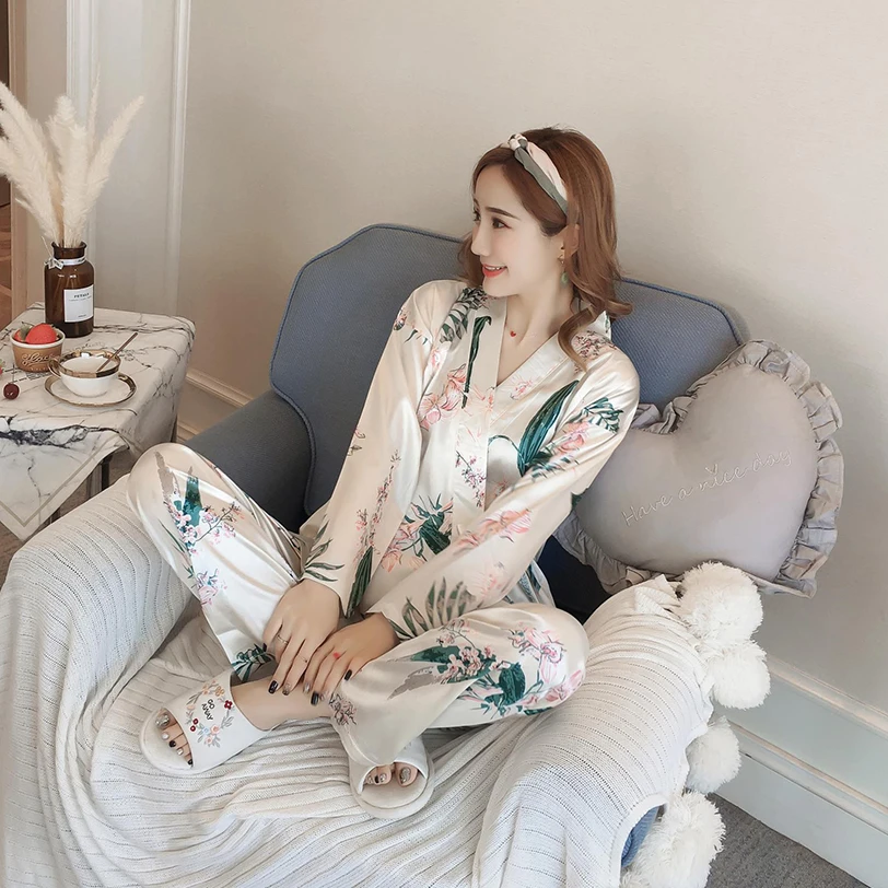 Ice silk pajamas women's spring and autumn new long-sleeved Japanese kimono Korean version casual home clothes 2-piece set