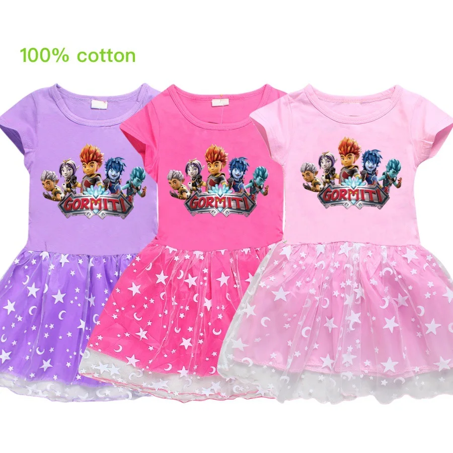 New Gormiti Summer Girls Dress Flare Sleeve Kids Tutu Dress Patchwork Girls Party Vestidos Rainbow Cartoon Children Dress