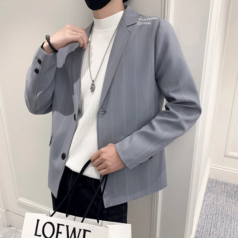 

2023 Boutique Fashion Gentleman Korean Version Slim Everything British Style Wedding College Style Casual Striped Men Blazer