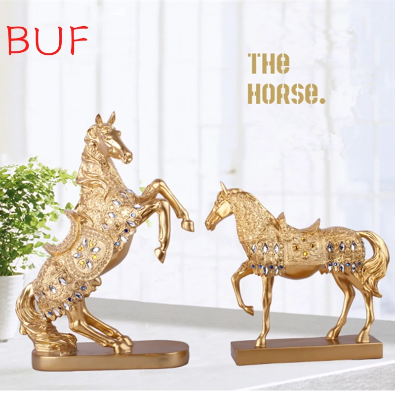 

Golden War Horse Statue with Diamonds, Resin Crafts Ornaments, Home Decor Sculpture, Animal Decoration Accessories