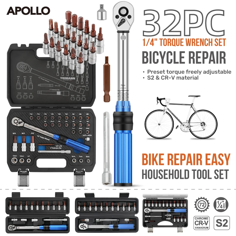 Fisope 1/4-Inch Drive Torque Wrench Set – 22pcs Bike Tool Kit 2-24Nm