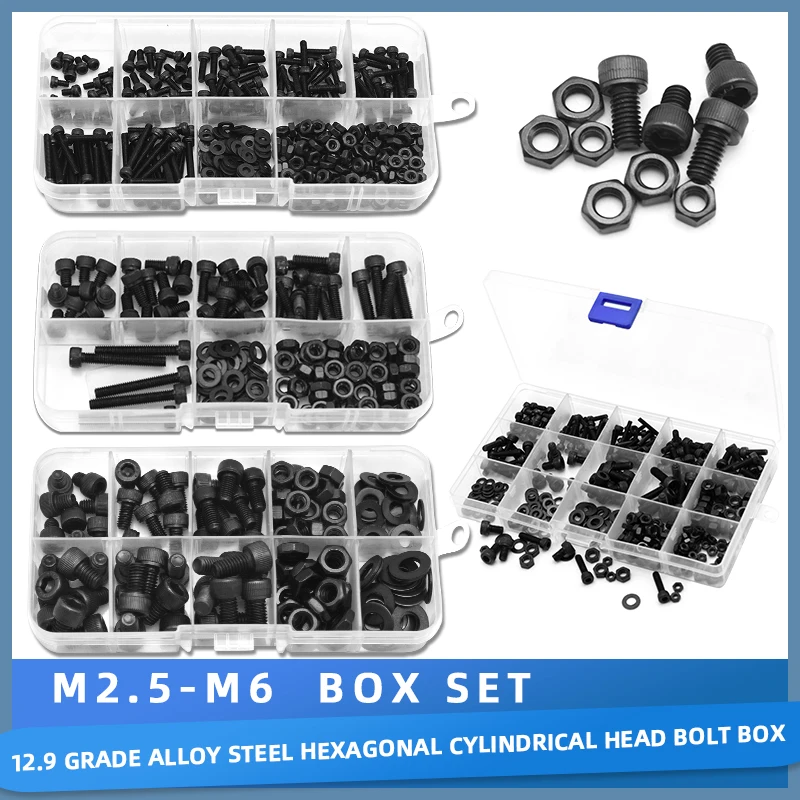 High Strength 12.9 Grade Black Hex Socket Head Cap Screws with Flat Washer and Nut Assortment Kit M2.5-M5 for Industrial Machine