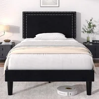 Double size platform bed frame adjustable cushioned headboard, sturdy wooden strip support, easy to assemble 1