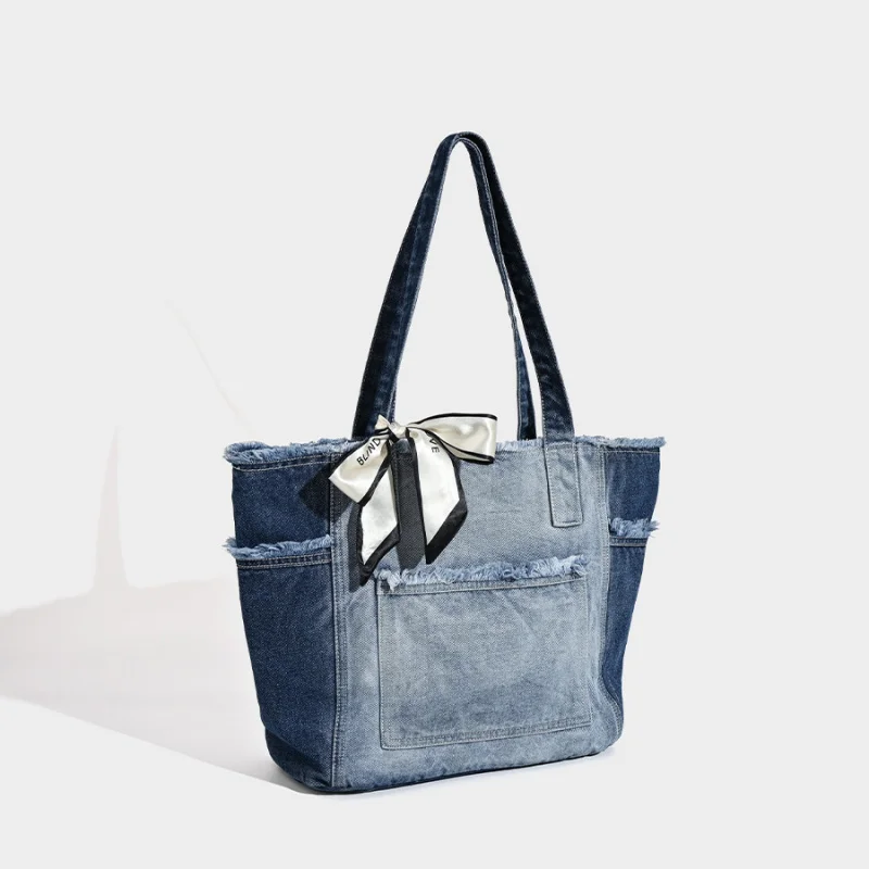 Large Capacity Washable Denim Tote Bag for College Students Class Simple Versatile Lazy Style Crossbody Bag