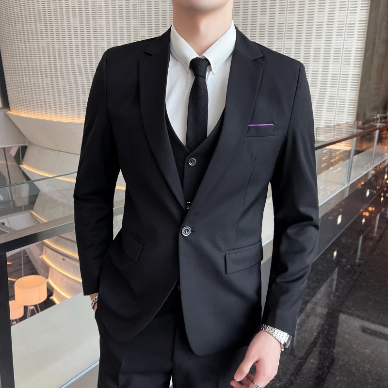Classic Solid Color Three-Piece Set Wedding Suit Four Seasons Fashion Business Casual Handsome Suit Vest Trousers Combo