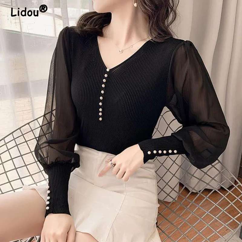 Women\'s Chiffon Splicing Knitted Pullovers, Office Lady Shirt, Women\'s Clothing, Chic T-Shirt, Tops, Summer, Autumn, 2024, New