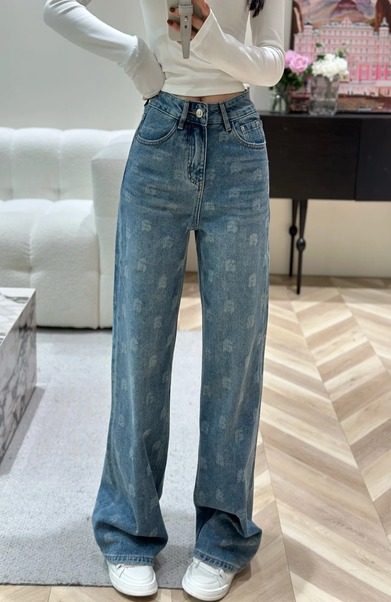 

175006 Fashion Classic Trendy Luxury Designer New Loose Fit Full Print Letter High Waist Straight Pants Jeans Woman A2