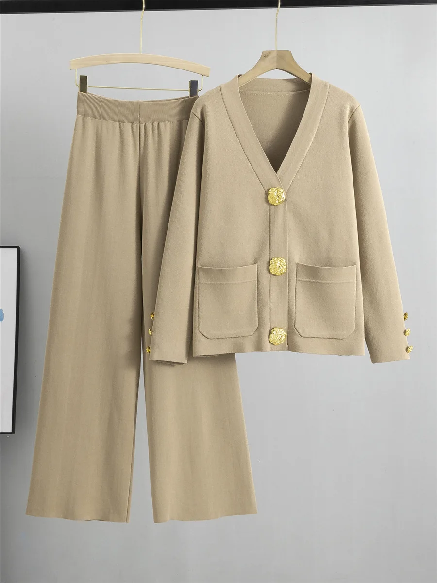 Fall Winter Women's Knit Sweater Sets Large Gold Button V-neck Cardigan Coats Conjunto High Waist Baggy 95cm Wide Leg Pants Suit 2