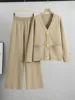 Fall Winter Women's Knit Sweater Sets Large Gold Button V-neck Cardigan Coats Conjunto High Waist Baggy 95cm Wide Leg Pants Suit 2