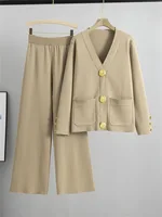 Fall Winter Women's Knit Sweater Sets Large Gold Button V-neck Cardigan Coats Conjunto High Waist Baggy 95cm Wide Leg Pants Suit 2