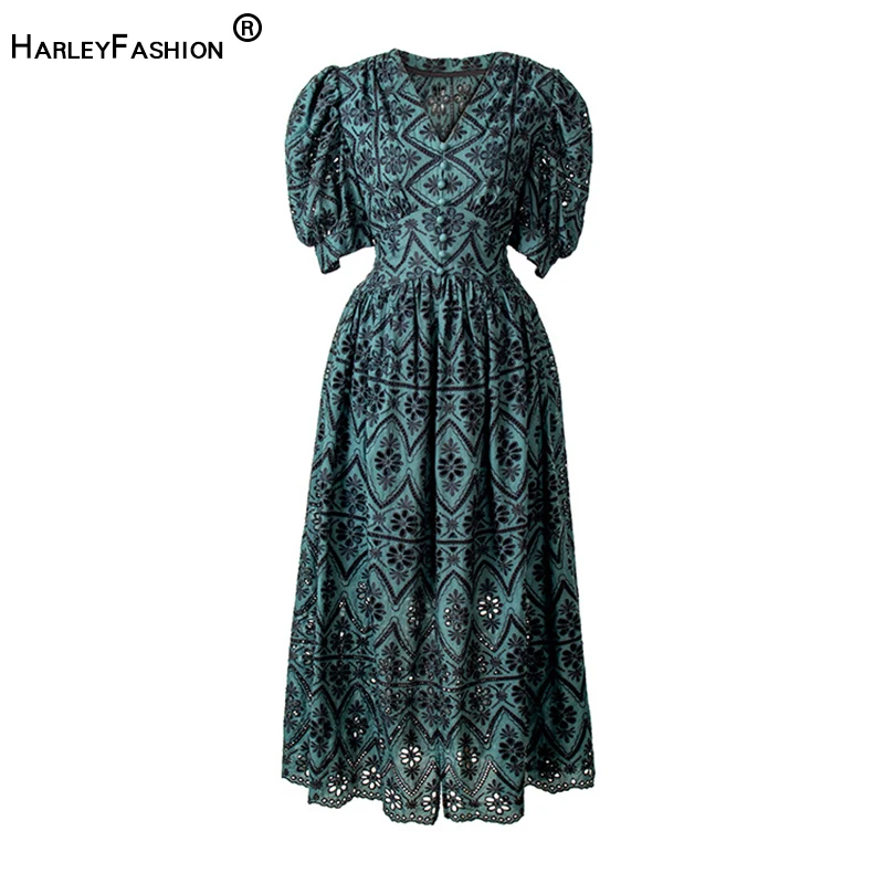

Летнее женское Роскошное дизайнерское платье с коротким рукавом А-силуэта, винтажное кружевное элегантное хлопковое темно-зеленое платье с вышивкой