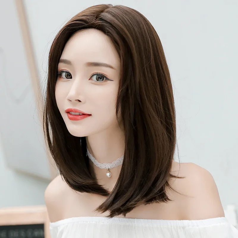 7JHH WIGS Short Straight Chocolate Bob Wig for Women Daily Use High Density Synthetic Layered Middle Part Dark Brown Hair Wig