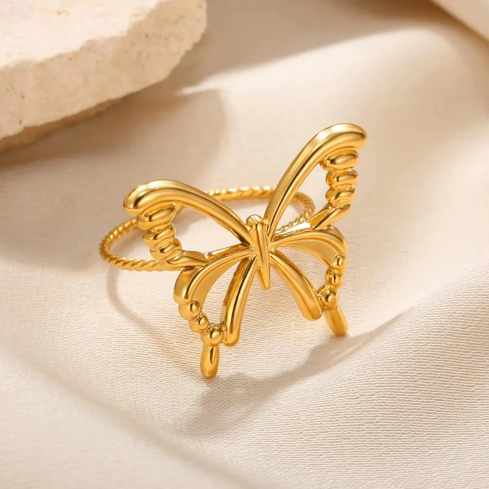 Cute Butterfly Stainless Steel Adjustable Ring Color Gold For Women