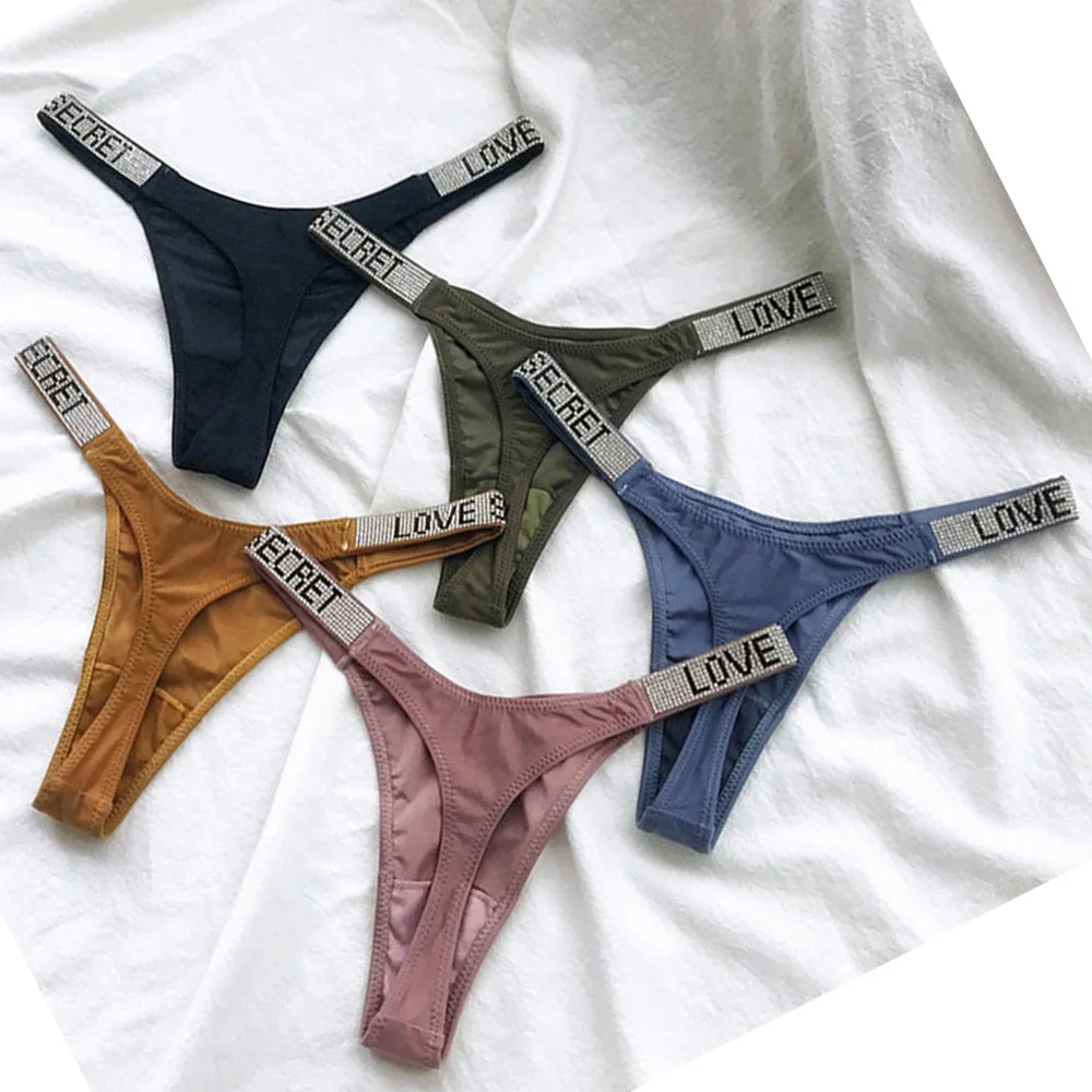 

Letter Rhinestone Panties Underwear Hip Lifting Satin Thong Sexy Low Waist Seamless Briefs Lingerie Swimwear Bottom 2022 NEW