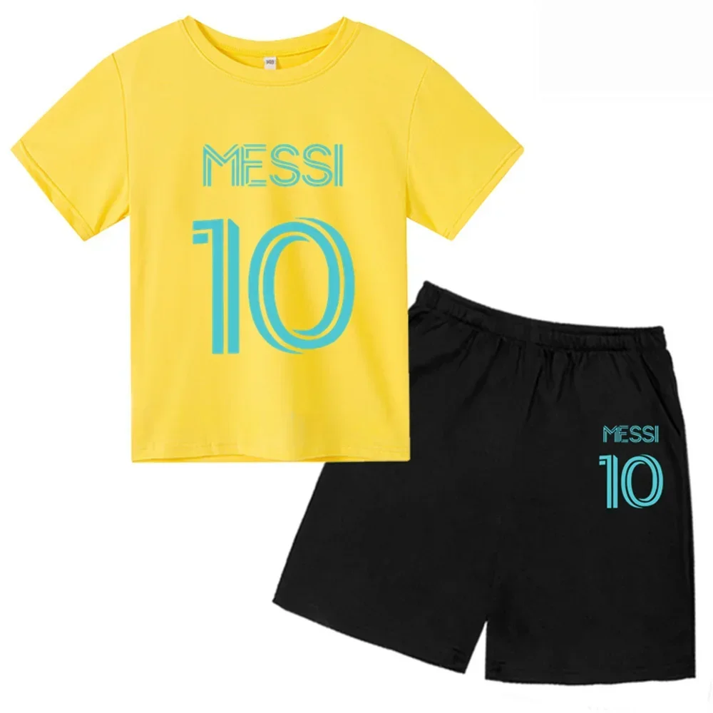thumbnail image 1 of Nueva camiseta y pantalones cortos con estampado de Messi para niños y adolescentes, conjunto de 2 piezas, ropa de fútbol para niños y niñas, traje deportivo de moda de manga corta de verano, 1 of 5
